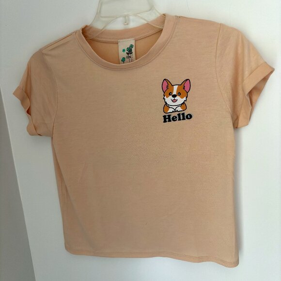 Young Girl's Lily Bleu Corgi  Dog HELLO / GOOD BYE Soft Crop T Shirt Size L (14) - Picture 1 of 5